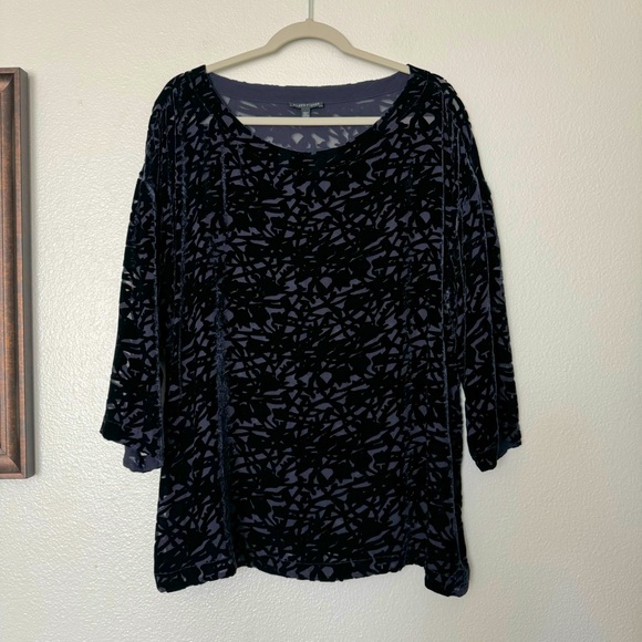 Eileen Fisher Burnout 3/4 Sleeve Velvet Feel Black Top Size Large - Picture 1 of 7